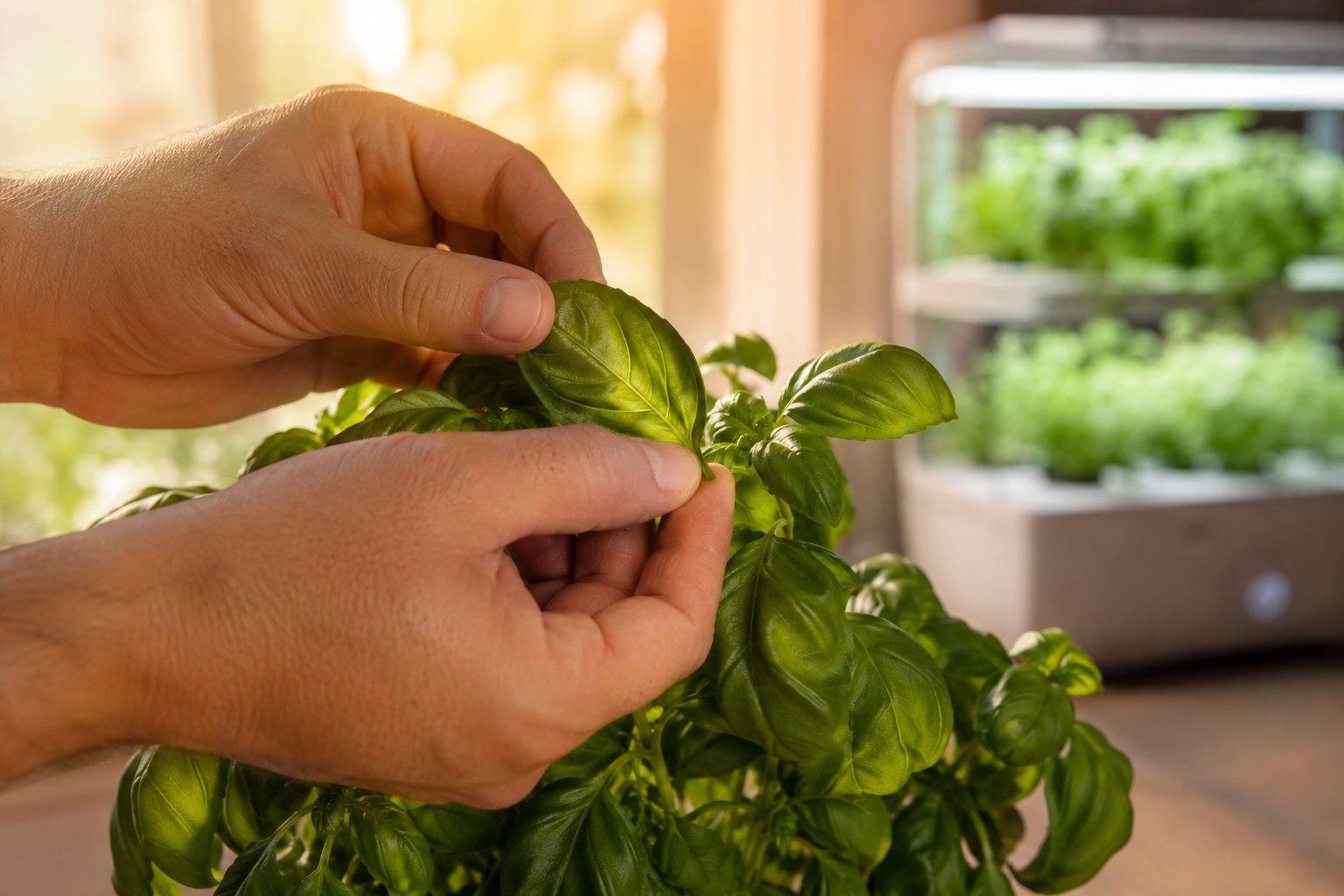Hands gently tilting a healthy basil leaf, still on the plant, to check it
