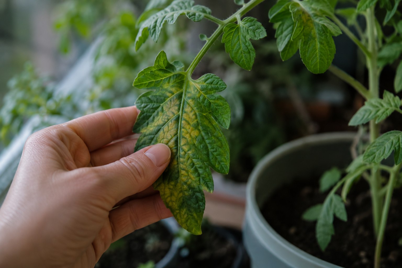 A hand examining a yellowing tomato leaf, still on the plant