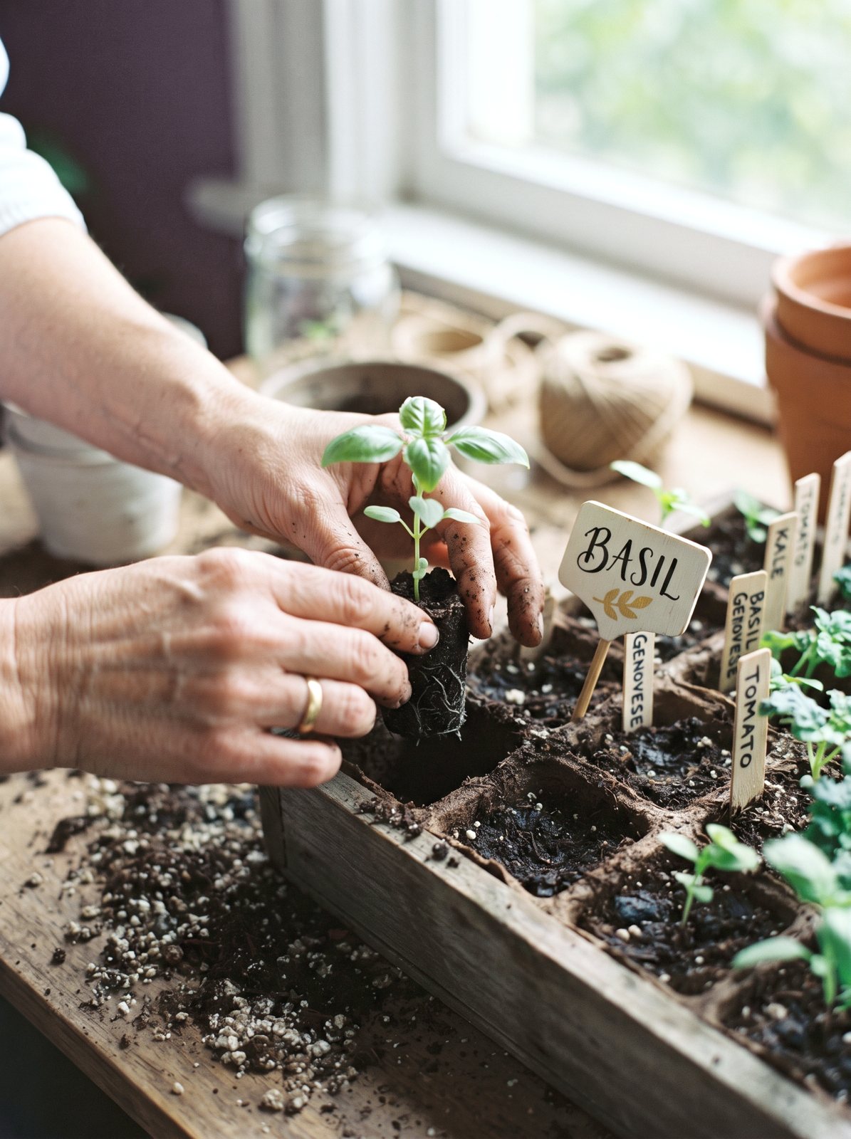 Hands holding a young seedling ready for planting