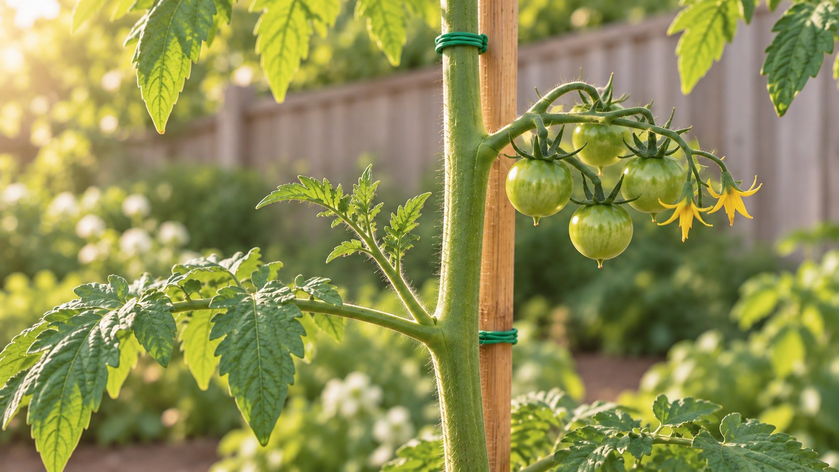 A hand at a tomato stem, deciding which shoot to remove