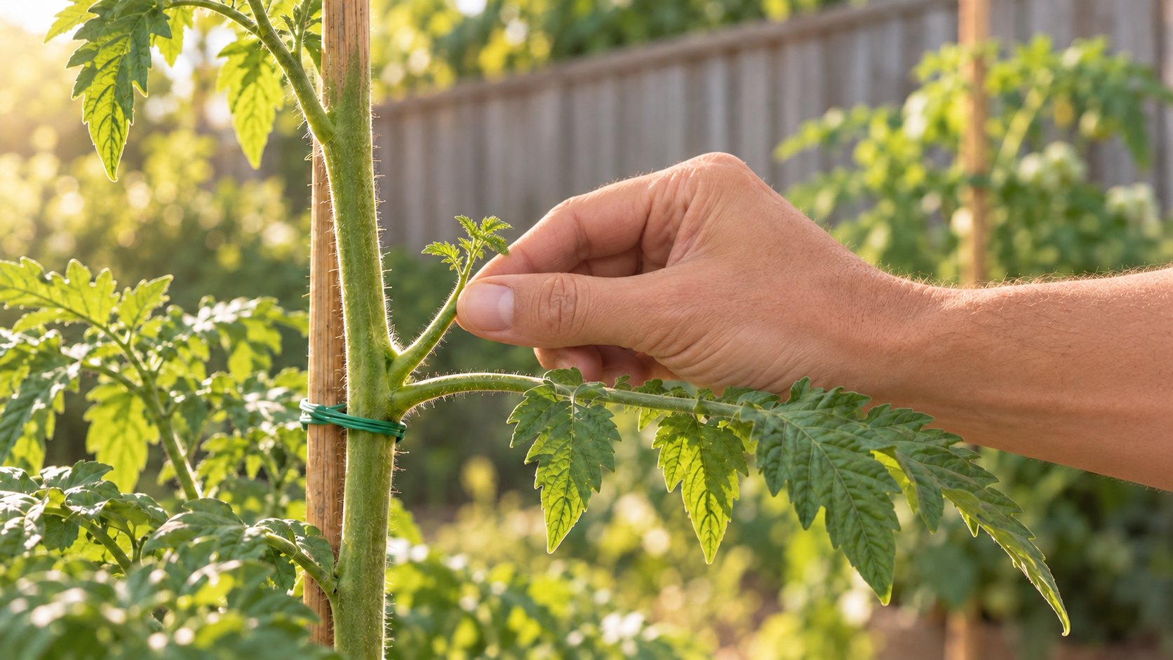 A grower pinching out a tomato sucker at the leaf axil